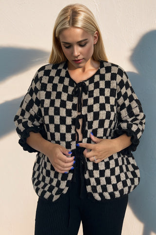 PREORDER Tied Checkered Dropped Shoulder Flounce Sleeve Cardigan 6 colors