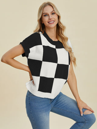 PREORDER Checkered Round Neck Short Sleeve Sweater 4 Colors