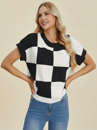 PREORDER Checkered Round Neck Short Sleeve Sweater 4 Colors