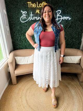 Elastic Waist Lace Midi Skirt