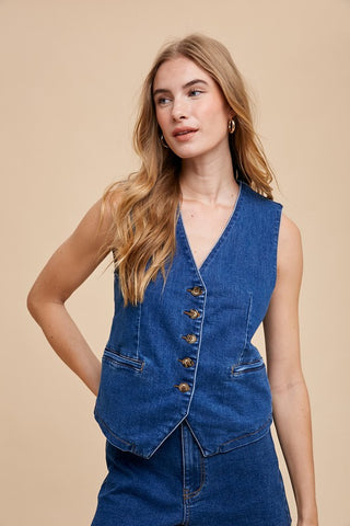 Button Down V-Neck Denim Vest