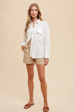 Openwork Button Down Drop Shoulder Shirt