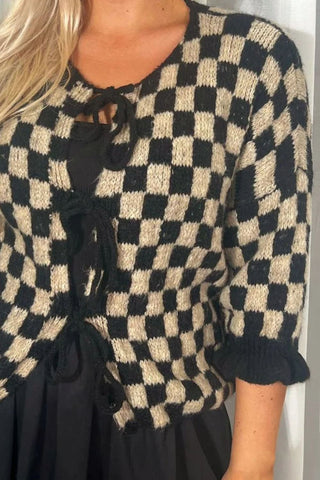 PREORDER Tied Checkered Dropped Shoulder Flounce Sleeve Cardigan 6 colors