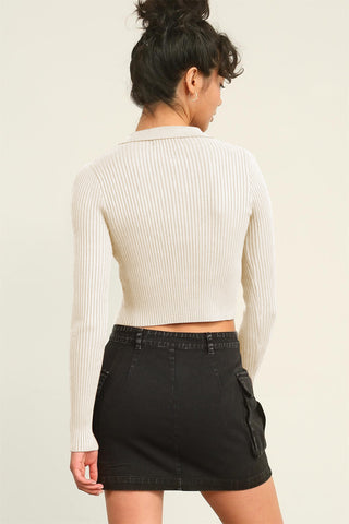 Ribbed Double Zip Cropped Cardigan cream