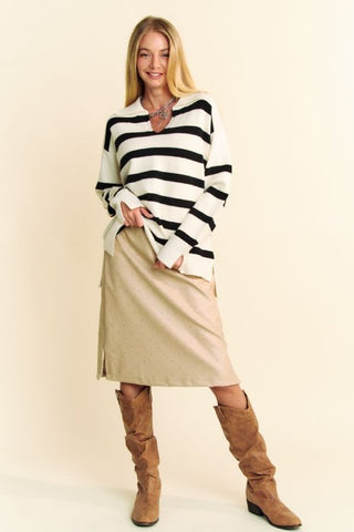 High-Low Side Slit Striped Johnny Collar Sweater