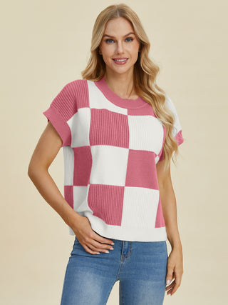 PREORDER Checkered Round Neck Short Sleeve Sweater 4 Colors