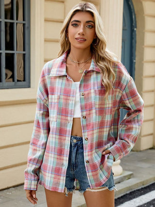 PREORDER Plaid Collared Neck Long Sleeve Shirt 8 Colors