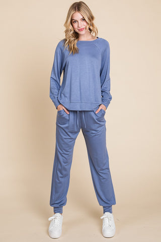 Round Neck Raglan Sleeve Top and Pants Lounge Set