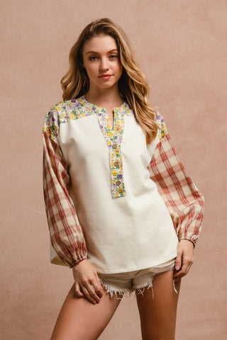 Floral Notched Plaid Balloon Sleeve Top