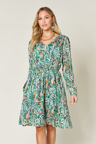 PREORDER Printed Drawstring Waist Long Sleeve Dress 2 Colors