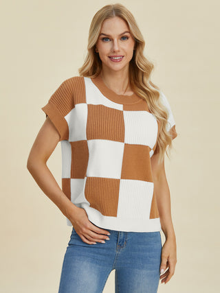 PREORDER Checkered Round Neck Short Sleeve Sweater 4 Colors