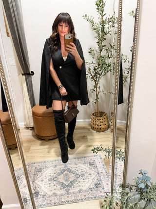 One Button Fitted Mini Blazer Dress with Cape Sleeves