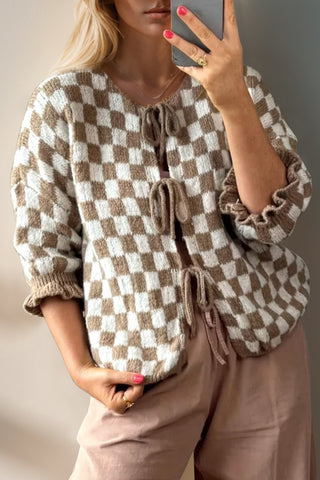 PREORDER Tied Checkered Dropped Shoulder Flounce Sleeve Cardigan 6 colors