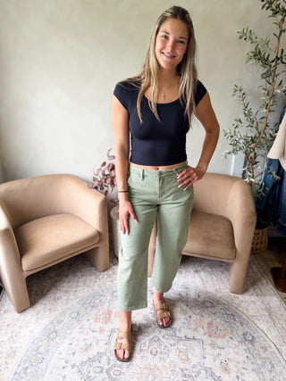 Risen Andrea High Rise Olive Barrel Jeans