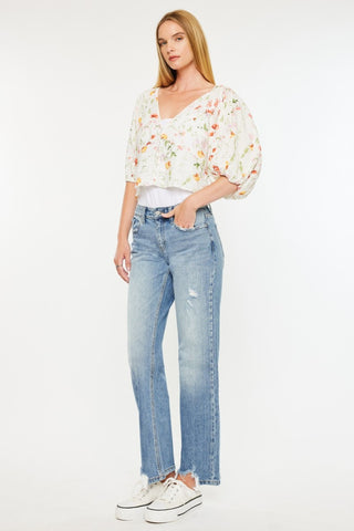 KANCAN Mid Rise Frayed Hem Straight Jeans