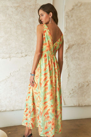 Abstract Floral V-Neck Maxi Dress