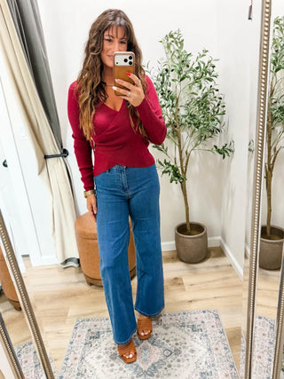 Simply Darling Ribbed Crossover Top Burgundy