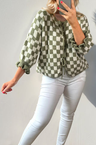 PREORDER Tied Checkered Dropped Shoulder Flounce Sleeve Cardigan 6 colors