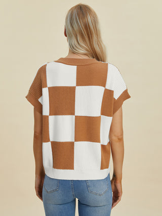 PREORDER Checkered Round Neck Short Sleeve Sweater 4 Colors