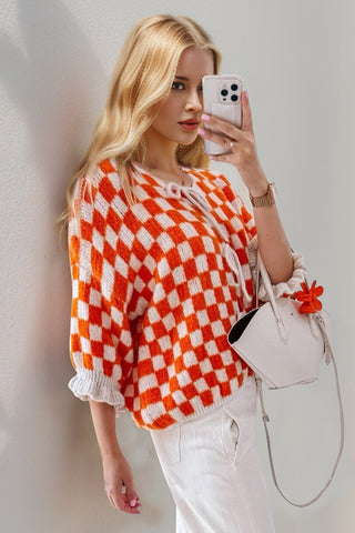 PREORDER Tied Checkered Dropped Shoulder Flounce Sleeve Cardigan 6 colors