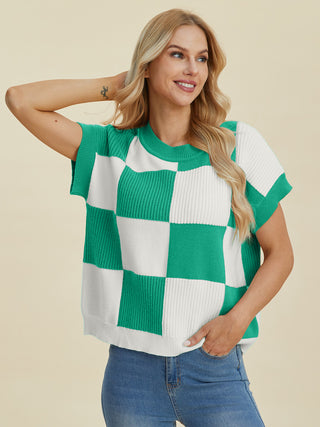 PREORDER Checkered Round Neck Short Sleeve Sweater 4 Colors