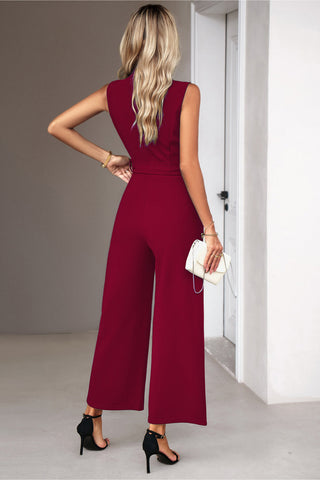 Tie Waist Shawl Collar Sleeveless Jumpsuit in Wine