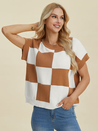 PREORDER Checkered Round Neck Short Sleeve Sweater 4 Colors