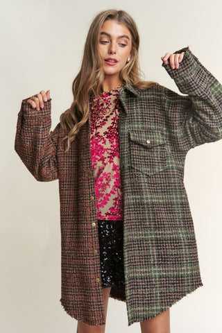 Snap Down Tweed Plaid Contrast  Longline Shacket