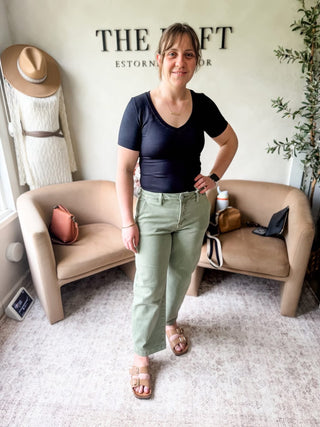 Risen Andrea High Rise Olive Barrel Jeans