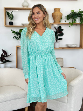 PREORDER Printed Ruched V-Neck Long Sleeve Dress