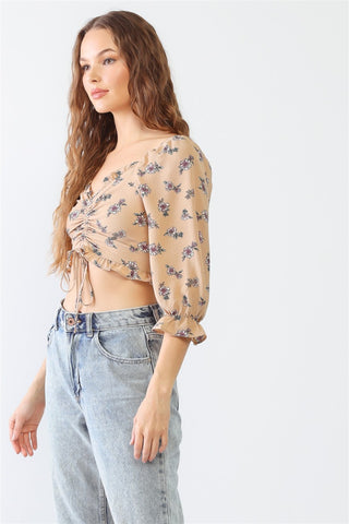 Floral Ruffle Smocked Back Ruched Crop Top 3 Colors