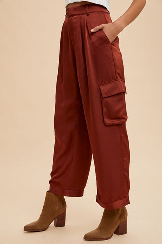 Wide Leg Cargo Satin Pants