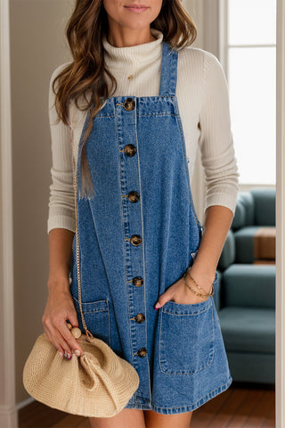 PREORDER Square Neck Wide Strap Denim Overall Dress