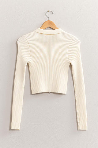 Ribbed Double Zip Cropped Cardigan cream