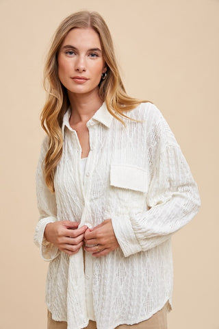 Openwork Button Down Drop Shoulder Shirt