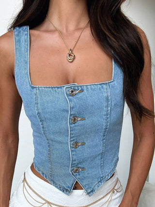 PREORDER Smocked Square Neck Denim Top