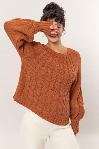 Cable-Knit Round Neck Raglan Sleeve Sweater