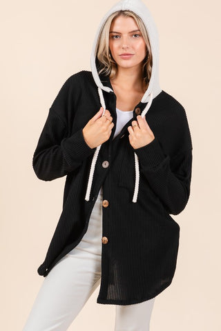 Textured Button Down Drawstring Hooded Shacket