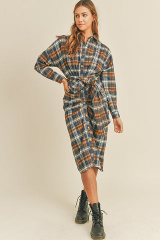 Plaid Flannel Front Tie Button Down Shirt Dress