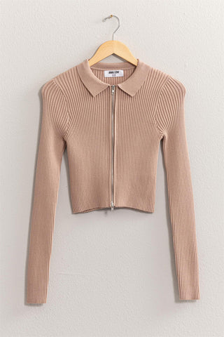 Ribbed Double Zip Cropped Cardigan