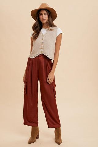 Wide Leg Cargo Satin Pants