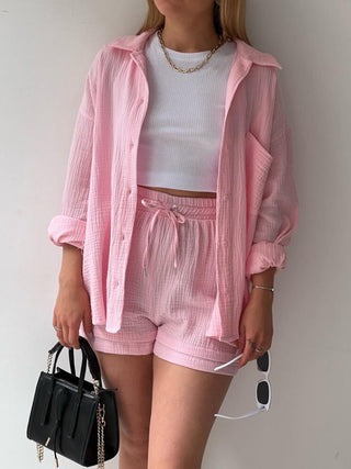 Preorder Texture Button Up Shirt and Drawstring Shorts Set 10 Colors