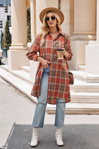 PREORDER Plaid Collared Neck Long Sleeve Coat