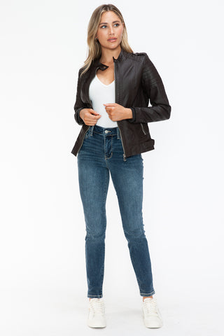 PU Leather Biker Jacket with Side Zip Pockets