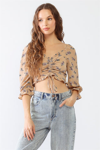 Floral Ruffle Smocked Back Ruched Crop Top 3 Colors