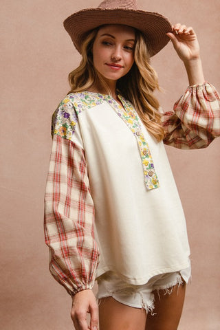 Floral Notched Plaid Balloon Sleeve Top