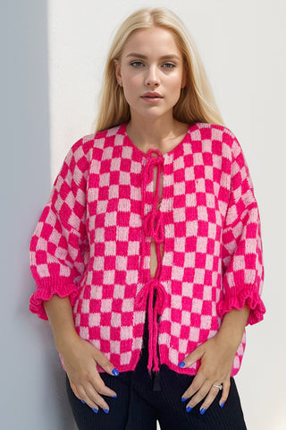 PREORDER Tied Checkered Dropped Shoulder Flounce Sleeve Cardigan 6 colors