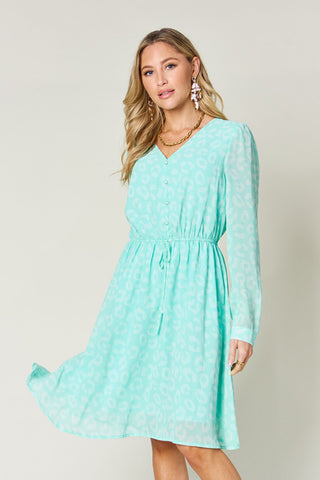 PREORDER Printed Ruched V-Neck Long Sleeve Dress