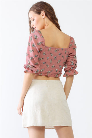 Floral Ruffle Smocked Back Ruched Crop Top 3 Colors