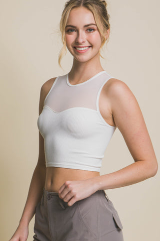 Round Neck Ribbed Cropped Mesh Tank